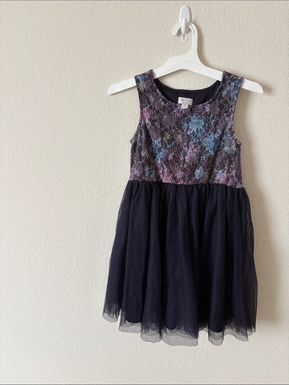 The Children's Place Navy Tulle Dress with Multicolor Floral Lace Bodice